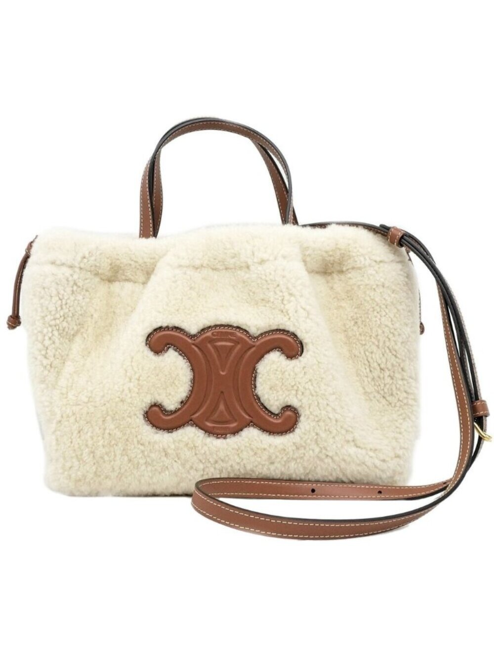 Celine Small Drawstring Shearling Natural Tan Leather Shoulder Bag